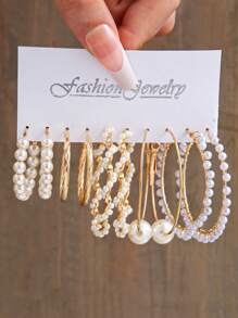 10/12pcs Fashion Vintage Elegant Twisted Faux Pearl Hoop Earrings Set, Stylish Design, Suitable For Holiday, Party, Date, Gift, Daily Wear - Multicolor - View 8