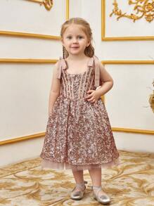 Young Girl's Glittering Formal Dress With Ribbon Straps - Champagne - View 1