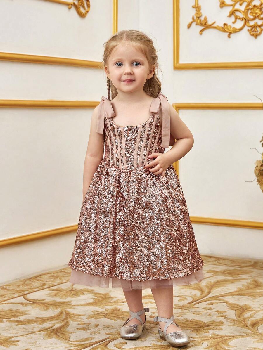 Young Girl's Glittering Formal Dress With Ribbon Straps - Champagne - View 1