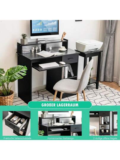 Bureau Keyboard Pull Out, Computer Shelf Shelves Drawer, Wooden Work Table, Metal le, Tafel PC Laptop, Home Office Living Room, Zwart view 2