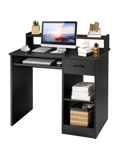 Bureau Keyboard Pull Out, Computer Shelf Shelves Drawer, Wooden Work Table, Metal le, Tafel PC Laptop, Home Office Living Room, Zwart