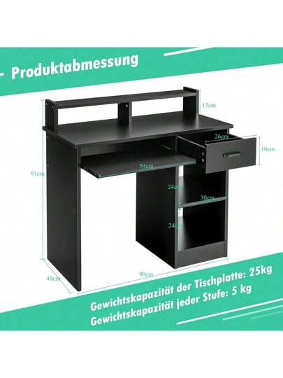 Bureau Keyboard Pull Out, Computer Shelf Shelves Drawer, Wooden Work Table, Metal le, Tafel PC Laptop, Home Office Living Room, Zwart view 5