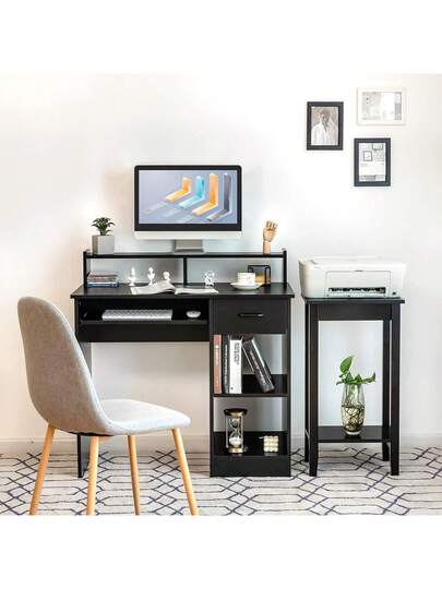 Bureau Keyboard Pull Out, Computer Shelf Shelves Drawer, Wooden Work Table, Metal le, Tafel PC Laptop, Home Office Living Room, Zwart view 4