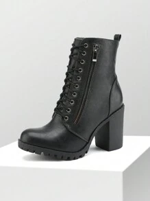 Women's Combat Ankle Boots Chunky Heel Lace Up Fashion Heeled Booties - 黑色 - 查看 4