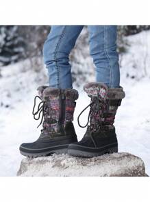 Kids Snow Boots, Waterproof Insulated Mid Calf Winter Boots With Black Faux Fur Lining For Boys And Girls - Xám - Xem 5