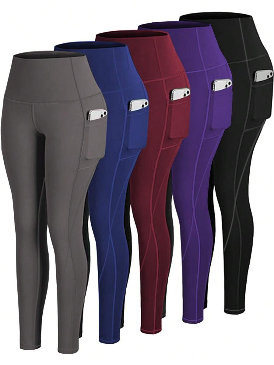 5Pcs High Waist Yoga Leggings For Women With Pockets, Tight Fitting Compression Workout Running Pants Tights - Grey - View 1