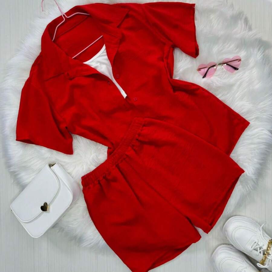 3-Piece Set Shirt, Shorts And Top - 紅白色 - 查看 1