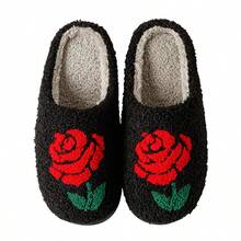 情人節禮物,優雅的玫瑰印花休閑室內女拖鞋 - 黑色 - 查看 1