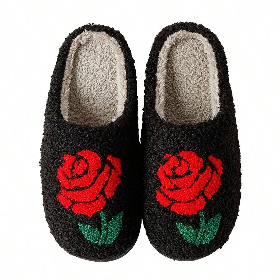情人節禮物,優雅的玫瑰印花休閑室內女拖鞋 - 黑色 - 查看 1