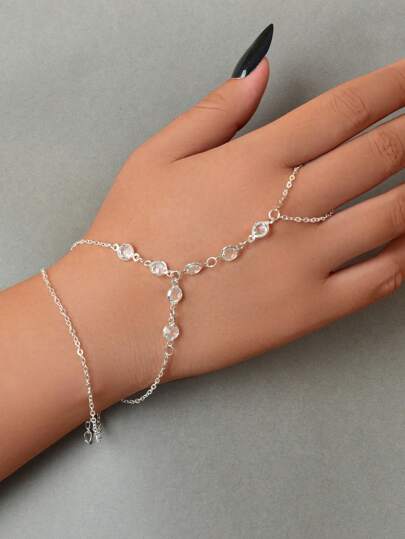 1pc Boho Chic Double Layer Silver Hand Chain  Finger Bracelet For Women Holiday Pub Jewelry