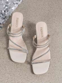 Chinelo de Verão para Mulheres Estilo Coreano Dois em Um, Sandálias Abertas com Salto Médio Chunky & Salto Alto com Strass, Moda 2023