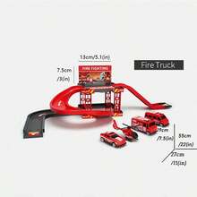 1套19件diy警車和消防車軌道玩具套裝（包括多層停車場和禮物,隨機車款）適用於男孩 - 紅色 - 查看 2