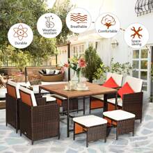 9PCS Patio Rattan Dining Set Cushioned Chairs Ottoman Wood Table Top White\Red - White - View 6