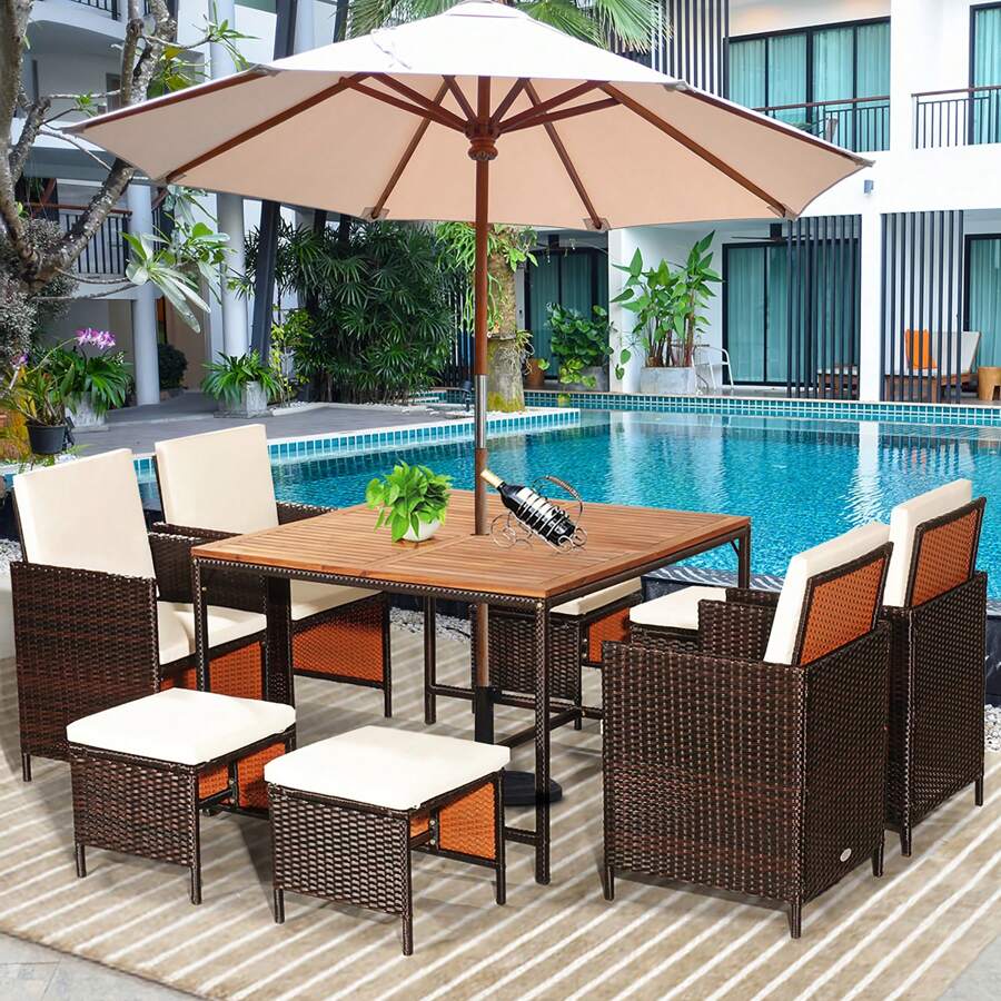 9PCS Patio Rattan Dining Set Cushioned Chairs Ottoman Wood Table Top White\Red - White - View 1