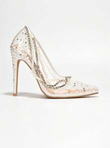 Women's Clear Pointed Toe High Heels – Pearl And Rhinestone Embellished Stiletto Pump - 白色 - 查看 2