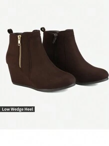 Women's Suede Low Hidden Wedge Heel Ankle Boots Round Toe Side Zipper Outside Zip For Decoration Good For Work And Date - 咖啡棕 - 查看 4