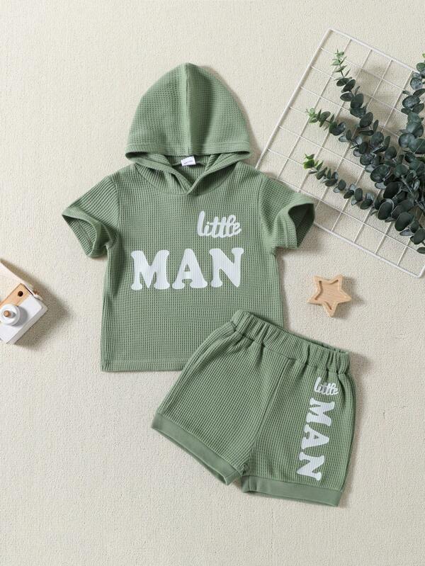 Young Boy Letter Print Short Sleeve Top With Cap And Shorts Set