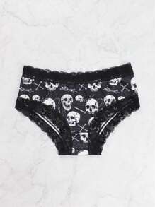 3pcs Gothic Contrast Lace Hipster Panties, Halloween Skull & Skeleton Man Print Intimates Panties, Women's Underwear & Lingerie