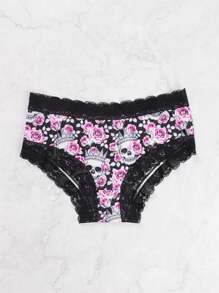 3pcs Gothic Contrast Lace Hipster Panties, Halloween Skull & Skeleton Man Print Intimates Panties, Women's Underwear & Lingerie