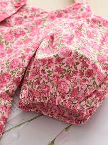 Young Girls' Ditsy Floral Square Neck Short Sleeve Dress, Summer - Red - View 4