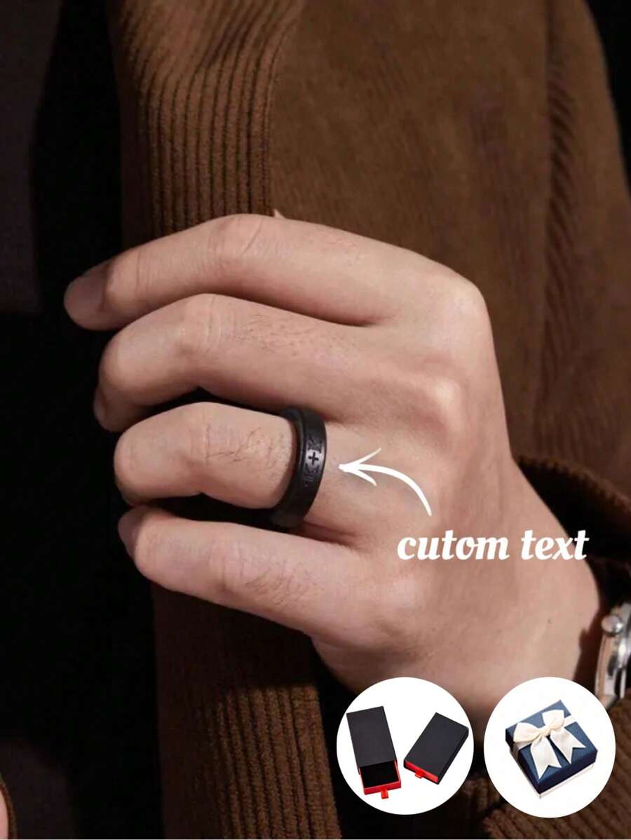 1pc Custom Wooden Engraved Ring Personalized Wedding Ring With Initial Jewelry Ring For Men - Black - View 1