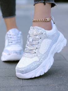 女士系带亮片运动鞋，女士休闲运动鞋，防滑跑鞋 - 白色 - 查看 4