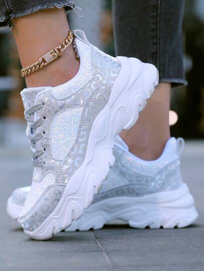 Women's Lace-Up Sequin Sneakers, Women's Casual Sport Shoes, Non-Slip Running Shoes