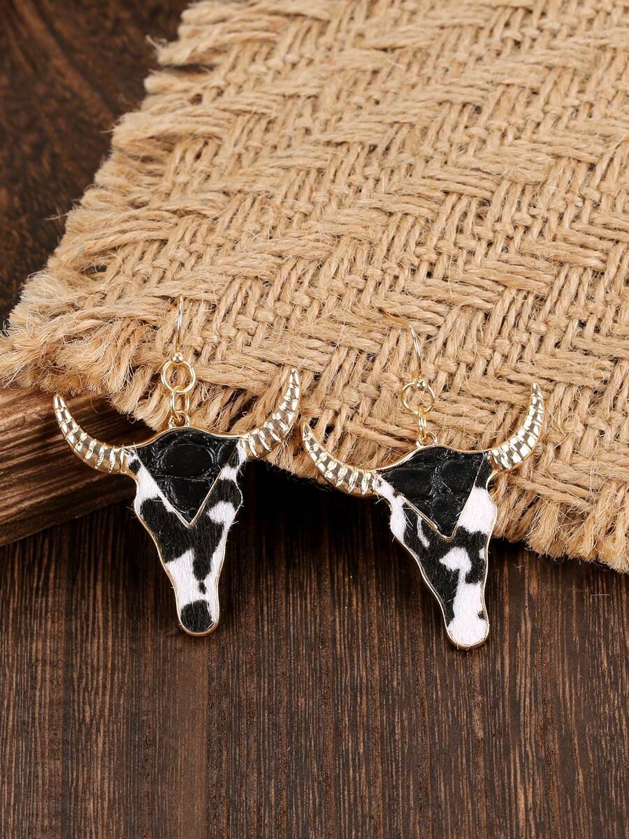 1pair Vintage Western Cowboy Style Cow & Leopard Printed Boot Design Creative & Unique Earrings, Popular In Europe And America - Calf - View 1