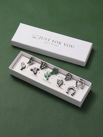 5對休閒時尚西部風格木質仙人掌和牛造型耳環套裝,禮盒包裝,情人節禮物。適合女性度假、旅行、派對、休閒、日常穿著和配飾。