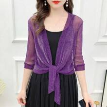 1Pc Glitter Tie Up Open Front Shrug Ladies Shawl Cropped Beach Summer Sun Protection Clothing Air-Conditioning Shirt