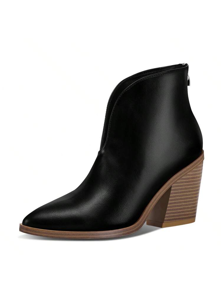 Women's V Cut Out Ankle Boots Slip On Pointed Toe Chunky Stacked