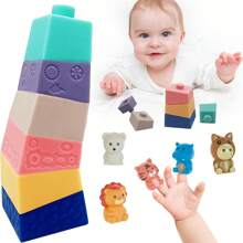 11pcs Kids' Stacking Blocks And Animal Finger Puppets Soft Rubber Toys, Early Educational Stacking Game, Squeeze Toys For Baby 6+ Months, Best Gift - Beige - View 1