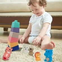 11pcs Kids' Stacking Blocks And Animal Finger Puppets Soft Rubber Toys, Early Educational Stacking Game, Squeeze Toys For Baby 6+ Months, Best Gift - Beige - View 3