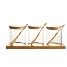 Wholesale Kitchen Round Glass Seasoning Jar Set With Spoon, Transparent Glass, Bamboo Lid, For Condiment Storage - Clear - View 1