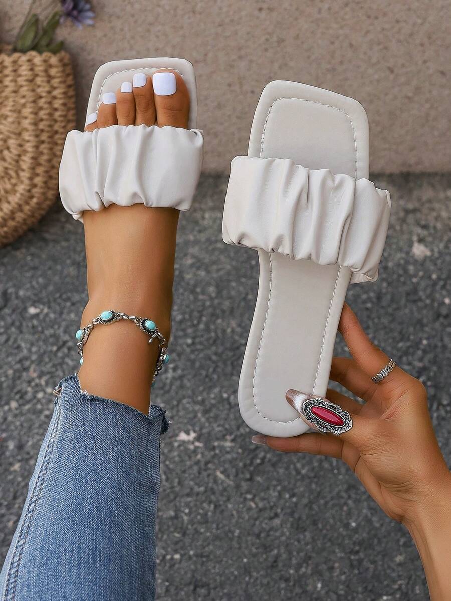 女士正方形頭平底滑入式拖鞋,時尚易穿,舒適方便,帶摺疊和紋理設計,多用途時尚,非常適合結婚、辦公室、戶外、海灘、派對和約會 - 米色 - 查看 1