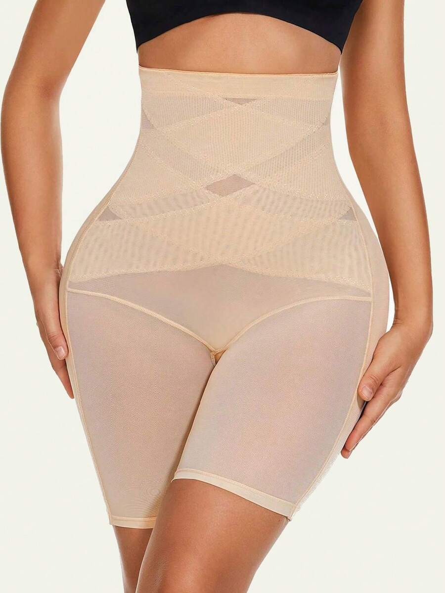 1pc Women's Seasonless Body Shaping Pants Made Of Nylon Material With Breathable Mesh Design Comfortable For Inner Wearing, Cross Compression For Tummy Control & Butt Lifting - Apricot - View 1