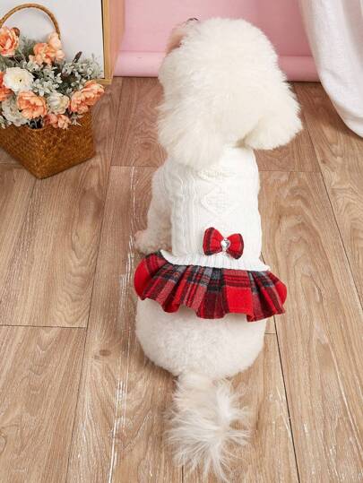 1 pieza Nuevo vestido de perro de punto a cuadros y parches con lazo, vestido cálido de cuello alto para perros en otoño/invierno