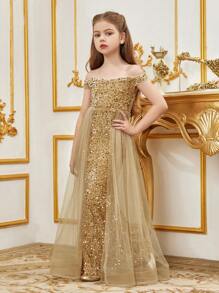 Luxury Off-Shoulder Sequin Mermaid Party Dress - Floor-Length Fitted Sheer Evening Gown, Suitable For Special Occasions - Champagne - View 4