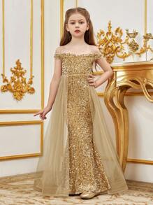 Luxury Off-Shoulder Sequin Mermaid Party Dress - Floor-Length Fitted Sheer Evening Gown, Suitable For Special Occasions - Champagne - View 3