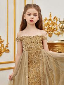 Luxury Off-Shoulder Sequin Mermaid Party Dress - Floor-Length Fitted Sheer Evening Gown, Suitable For Special Occasions - Champagne - View 6