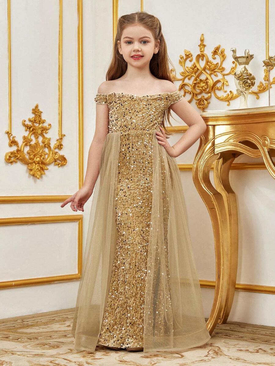 Luxury Off-Shoulder Sequin Mermaid Party Dress - Floor-Length Fitted Sheer Evening Gown, Suitable For Special Occasions - Champagne - View 1