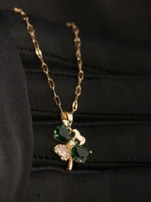 1 件不鏽鋼四葉草 18k 鍍金項鍊,帶有四個綠色方晶鋯石心形吊墜,適合女士商務和日常佩戴 - 金黃色 - 查看 7