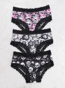 3pcs Gothic Contrast Lace Hipster Panties, Halloween Skull & Skeleton Man Print Intimates Panties, Women's Underwear & Lingerie