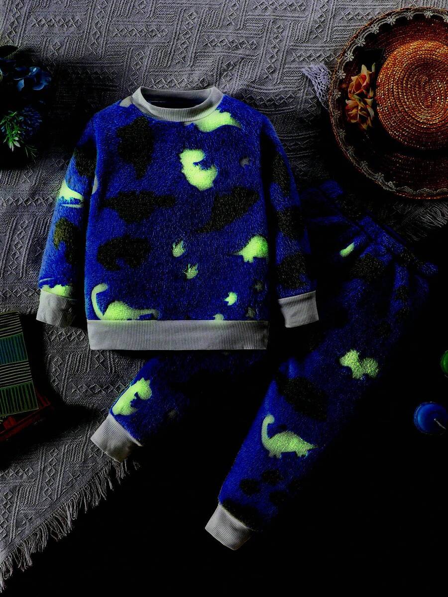 Young Girl 2pcs/Set Leisure Sports Style Dreamy Glow-In-The-Dark Little Dinosaur Animal Coral Fleece Cozy Pajamas Homewear, Autumn/Winter - Baby Blue - View 1