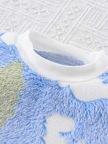 Young Girl 2pcs/Set Leisure Sports Style Dreamy Glow-In-The-Dark Little Dinosaur Animal Coral Fleece Cozy Pajamas Homewear, Autumn/Winter - Baby Blue - View 4