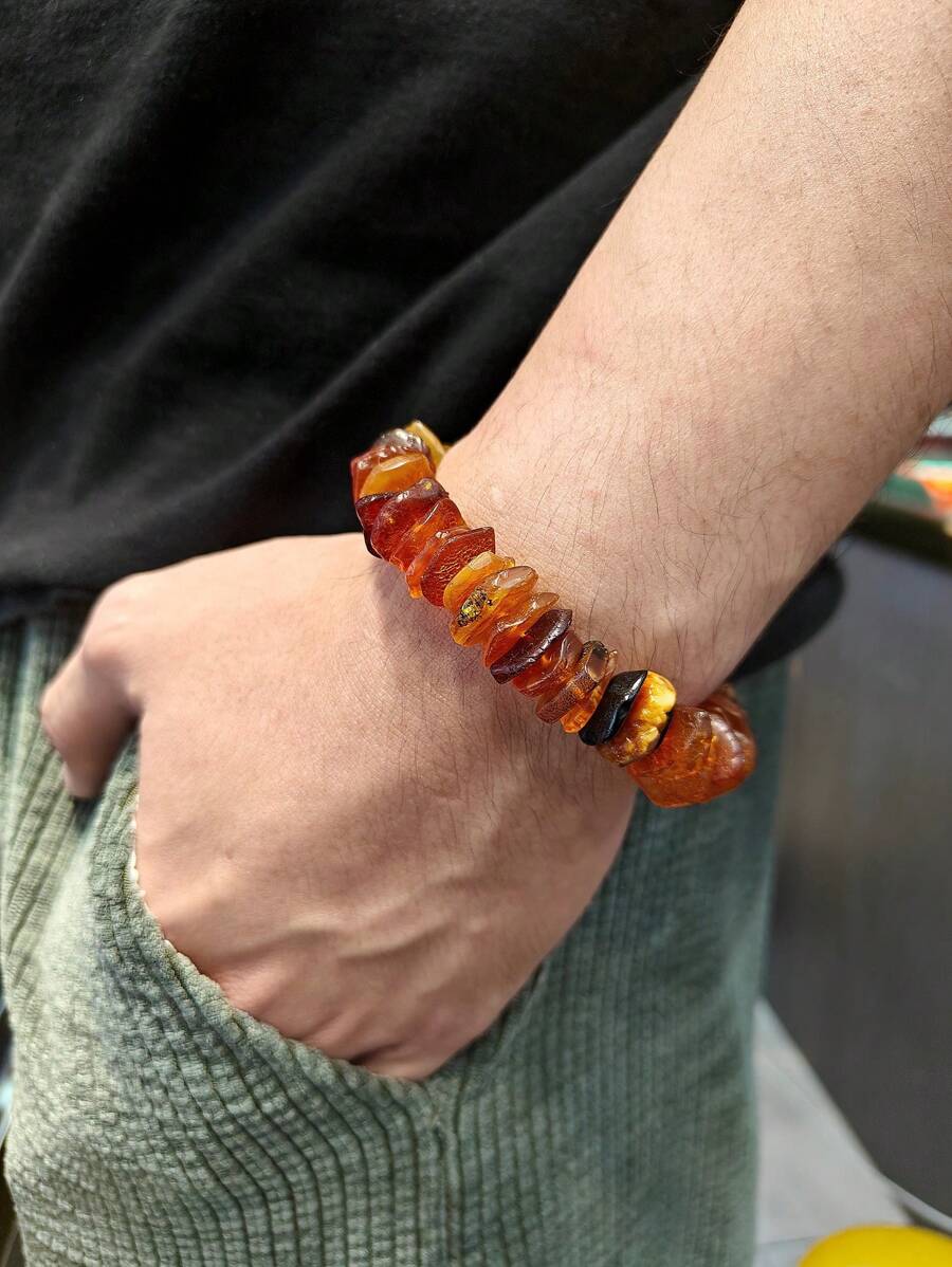 Natural Baltic Sea Amber Bracelet, Elastic Healing Gemstone Bangle, Fashion Accessory, Peaceful And Calm, Fossilized Resin Energy Gift, Suitable For Couples, Men And Women (This Batch Of Beads Are Smaller Than Before, With Good Polishing)