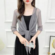 1Pc Glitter Tie Up Open Front Shrug Ladies Shawl Cropped Beach Summer Sun Protection Clothing Air-Conditioning Shirt