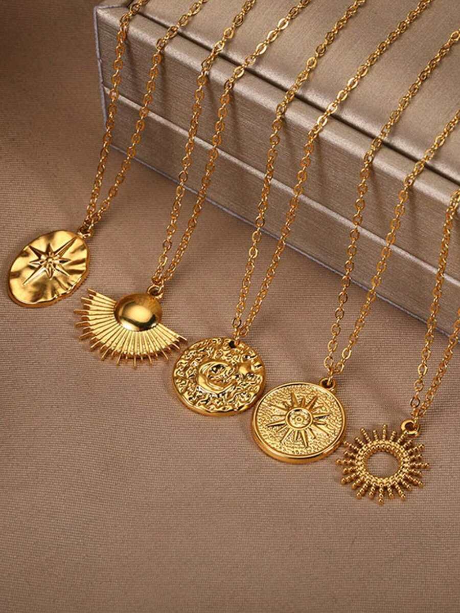 1 件复古波西米亚风格太阳和月亮吊坠项链女式几何圆形星星不锈钢链项链新月珠宝配饰 - 金黃色 - 查看 1