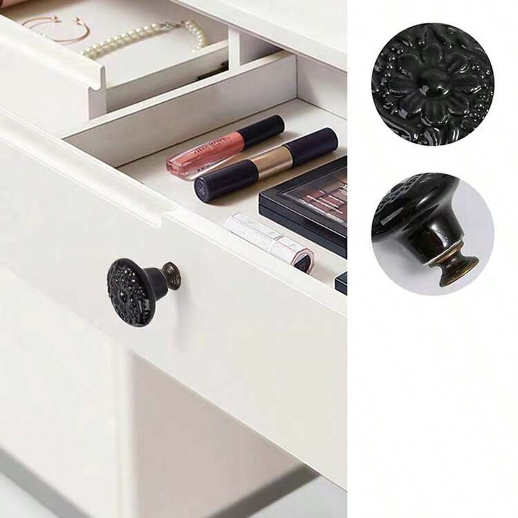 1pc Vintage Ceramic Floral Pattern Round Drawer Pull Handle For Cabinet Door, Household Hardware - Multicolor - View 3