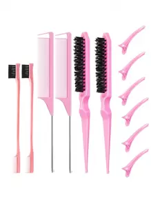12 Cái/1 Bộ Bàn Chải Làm Nổi Bật Tóc Nylon, Lược Họa Tiết Hai Mặt, Bộ Bàn Chải Tạo Kiểu Tóc Salon Dành Cho Nữ & Bé Gái - Hồng - Xem 2